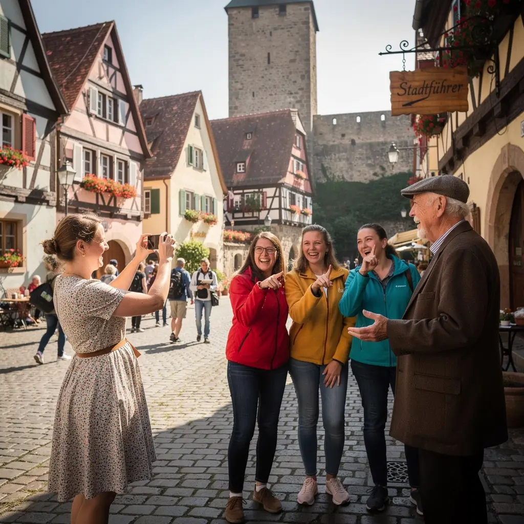 Eine Gruppe von Touristen erkundet eine charmante Gasse mit Blumen geschmückten Fenstern.