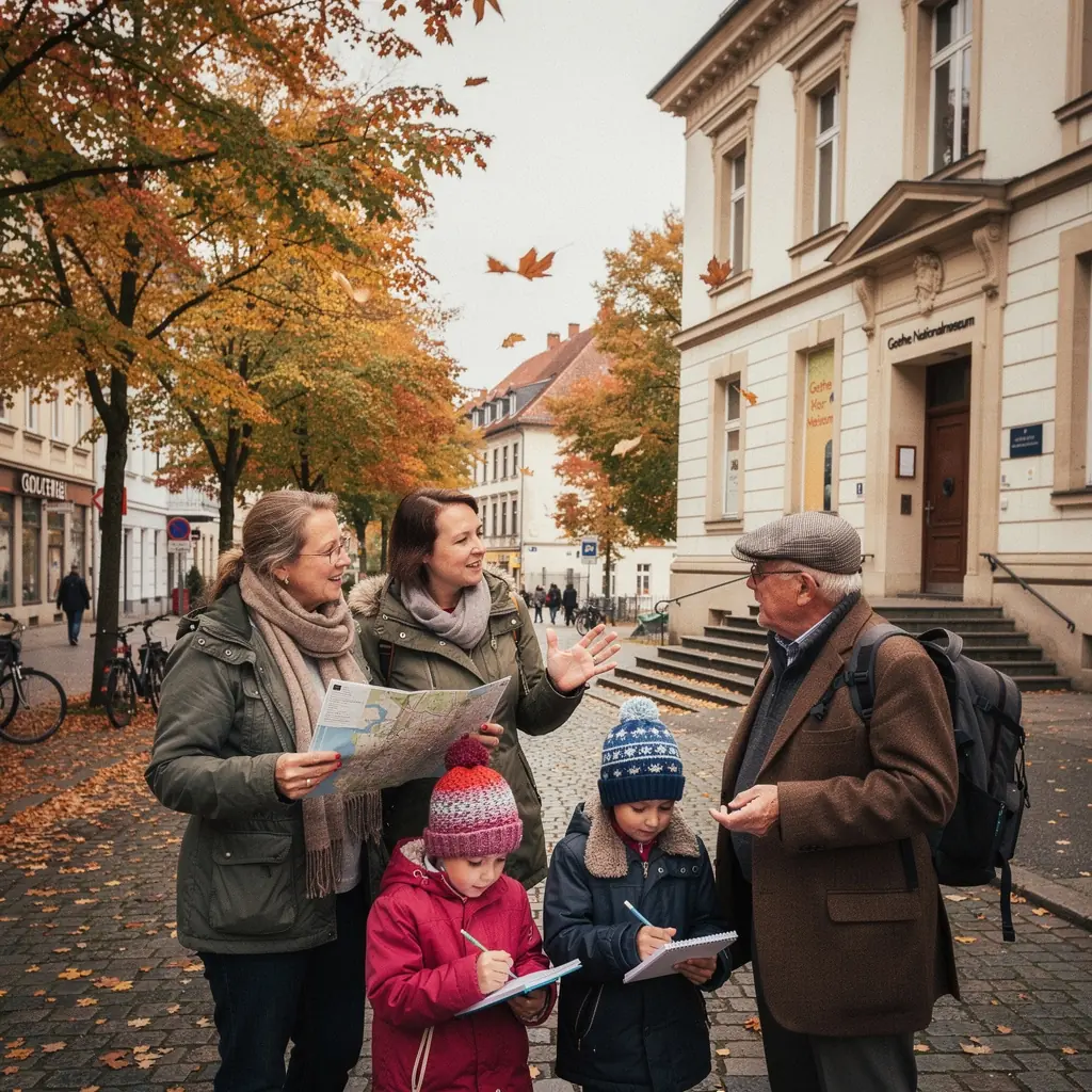 Ein Café im Freien mit Gästen, die deutsche Spezialitäten genießen und sich unterhalten.
