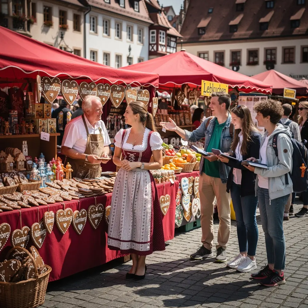 Ein Stadtführer zeigt auf eine historische Sehenswürdigkeit, während die Gruppe aufmerksam zuhört.